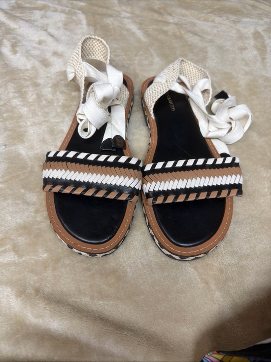 Vince Camuto Shoes - Vince Camuto Women's Black and Tan Braided Strap Sandals with Cream Ankle Ties